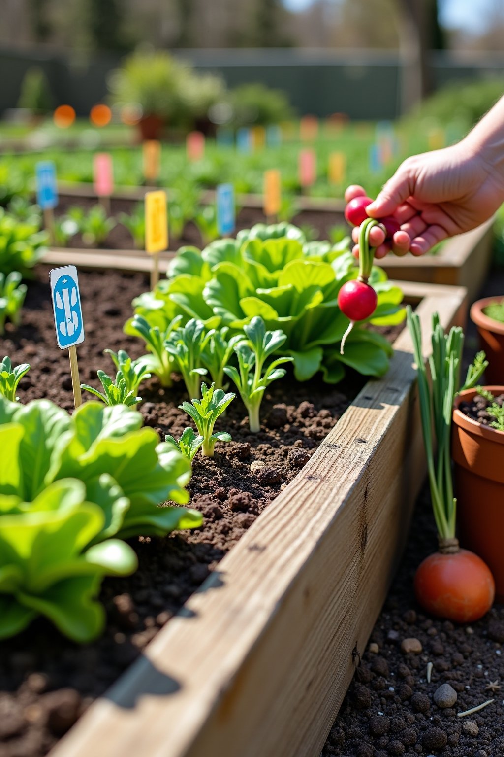 A wooden raised bed garden overflowing with fast-growing spring vegetables including curly green lettuce, red-tipped radishes poking from the soil, bright green arugula leaves, and small carrot top...
