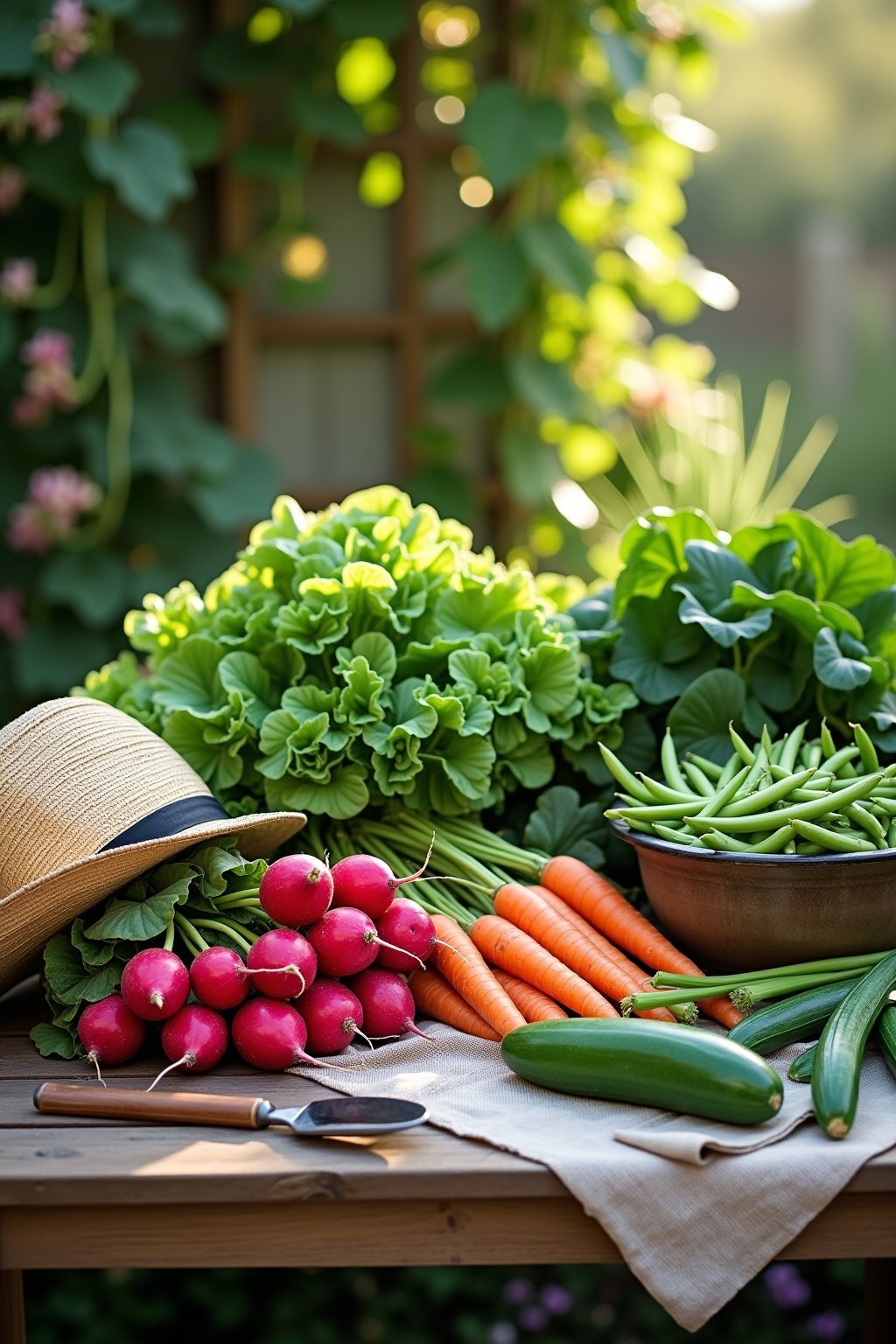 A beautiful harvest display of fast-growing vegetables on a rustic wooden table outdoors: bunches of bright red radishes with green tops, crisp green lettuce heads, purple and green spinach leaves,...