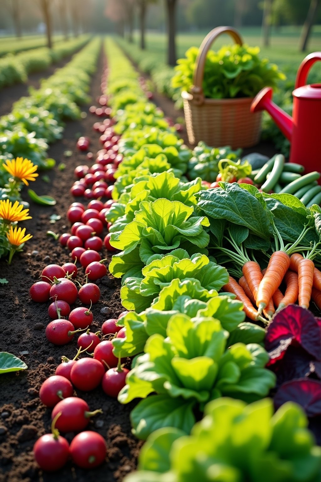 A vibrant spring vegetable garden with rows of bright green lettuce, red radishes being pulled from the soil, purple spinach leaves, orange baby carrots, yellow bush bean flowers, and green pea vin...