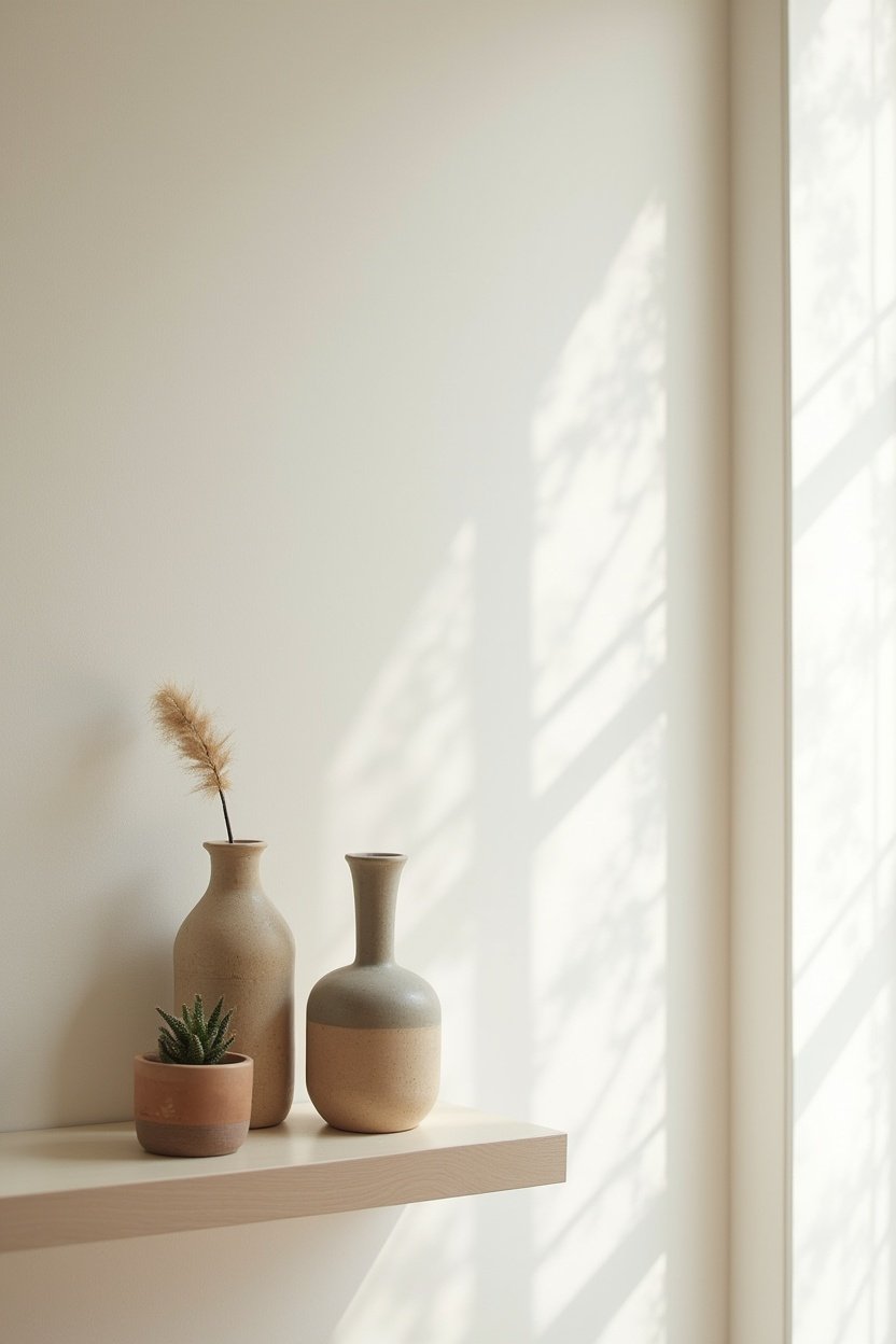 Minimal floating shelf display with three ceramic vases in mixed heights, one small succulent, intentional negative space, warm white wall, soft diffused light