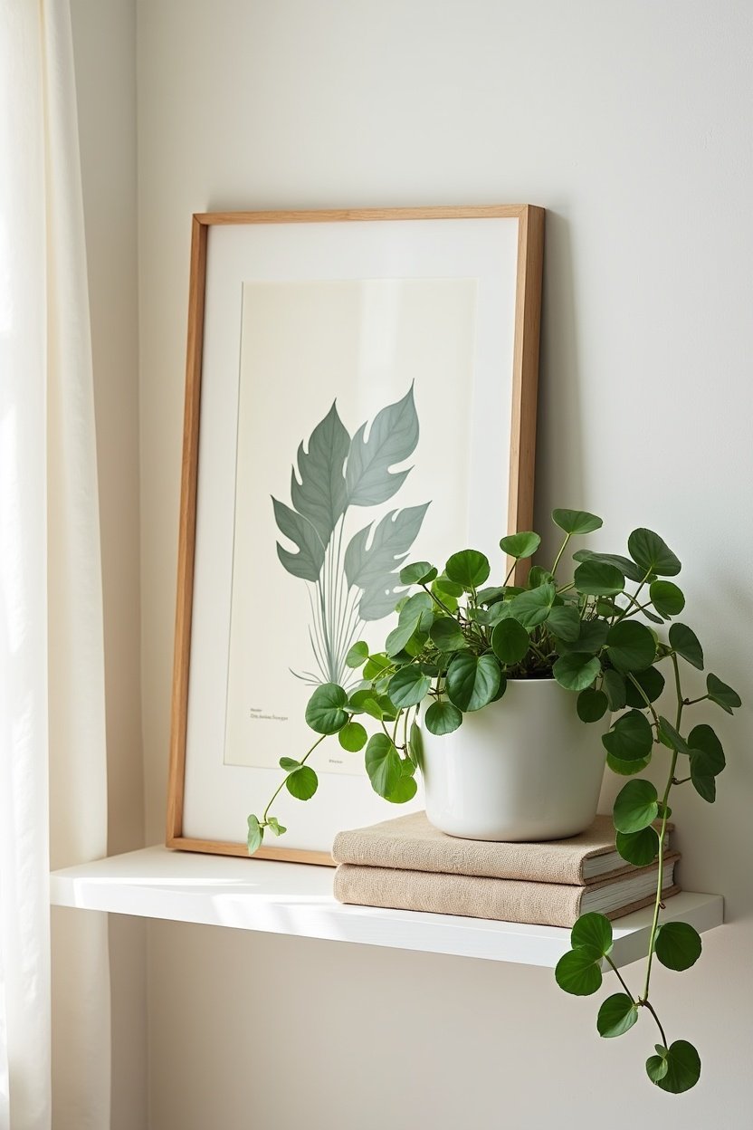 Close-up of a styled floating shelf with leaning framed botanical print, trailing pothos plant in white ceramic pot, stacked linen-covered books, warm natural tones