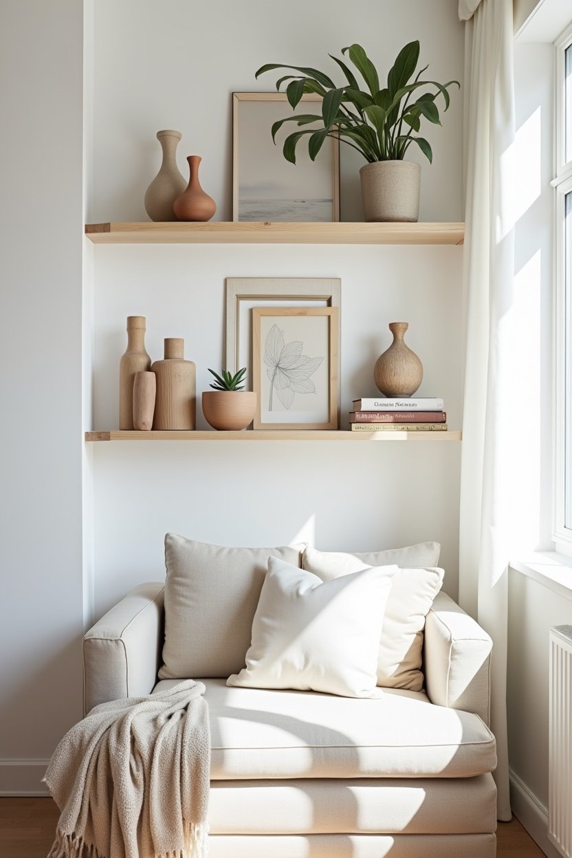 Beautifully styled floating shelves in a bright living room, curated arrangement of books ceramic vases and small potted plants, white oak shelves, airy Scandinavian interior