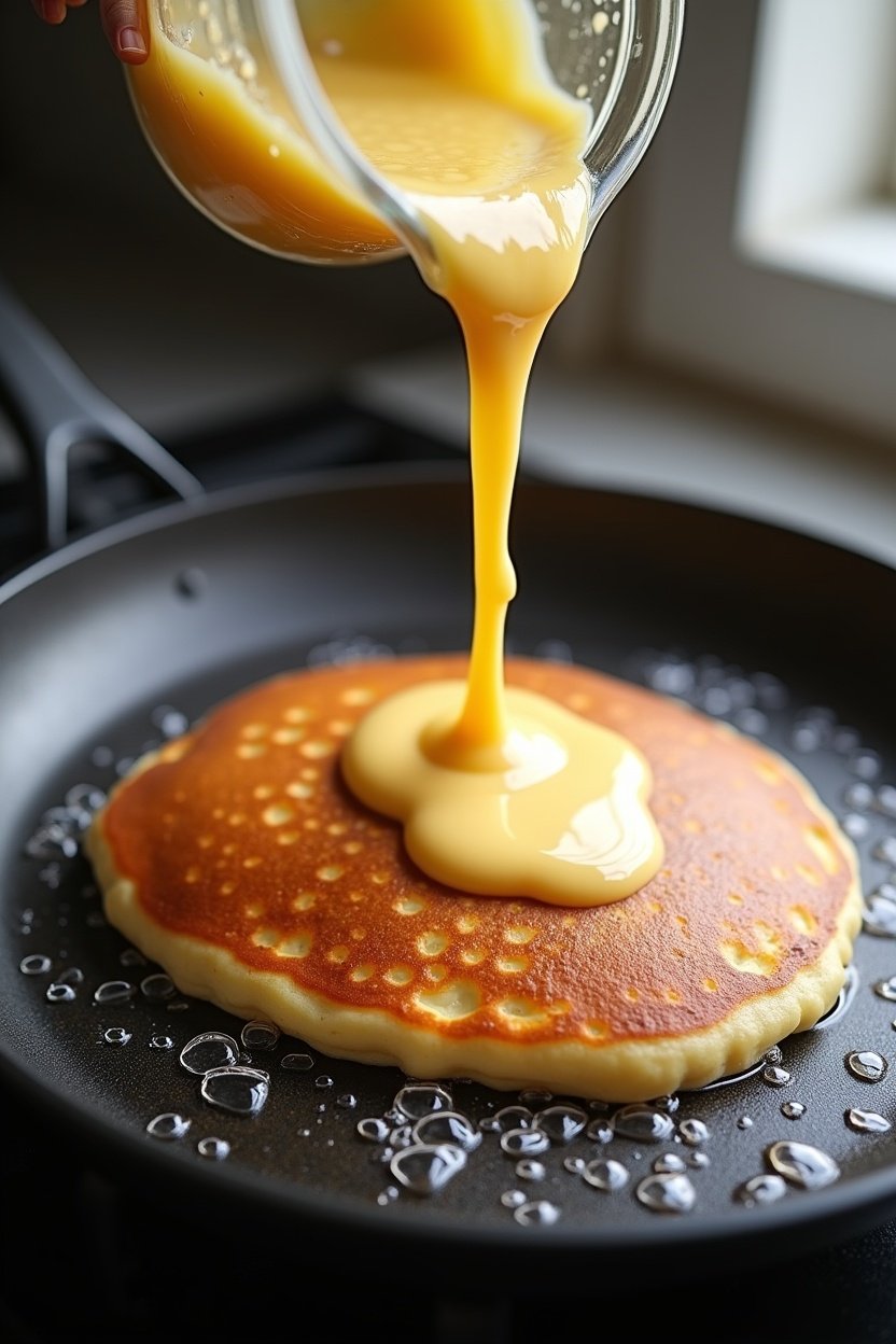 Pancake batter being poured onto a hot griddle, bubbles forming on surface of cooking pancake, golden brown pancake next to it, breakfast cooking scene