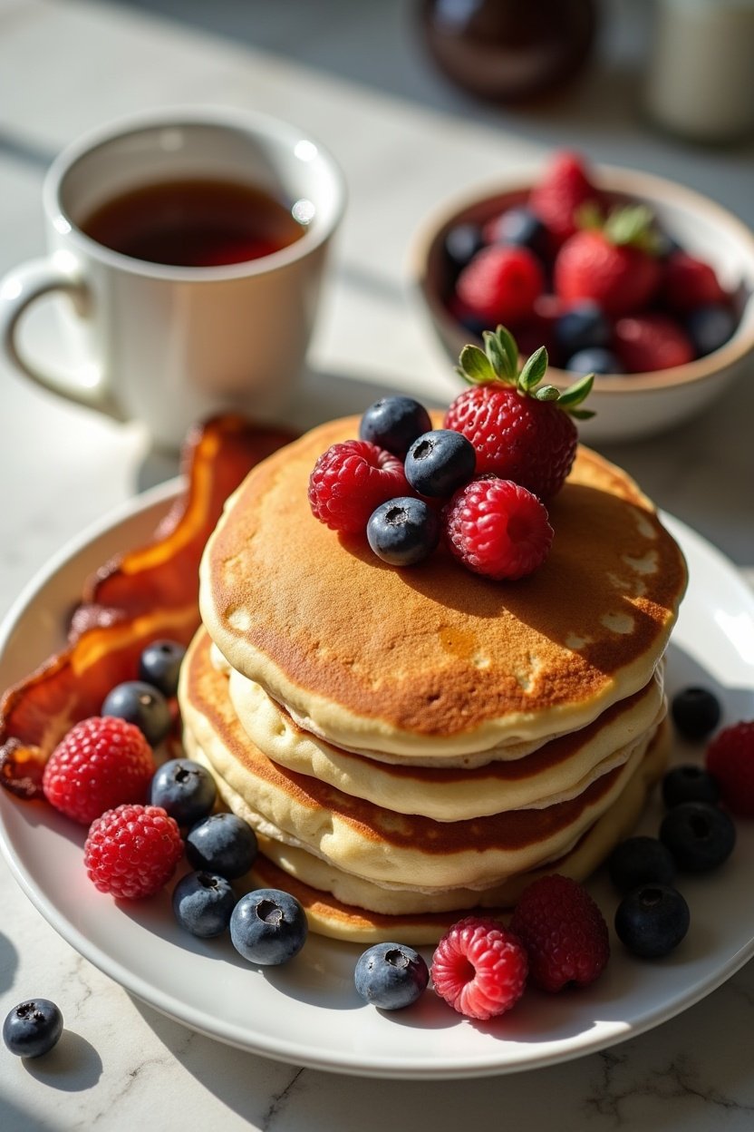 Overhead breakfast spread with stack of pancakes, fresh berries in a bowl, crispy bacon strips, coffee cup, maple syrup, bright morning kitchen light