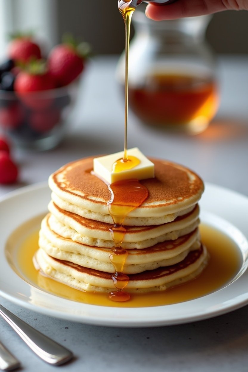 Stack of fluffy buttermilk pancakes on a white plate, butter melting on top, maple syrup being poured from a small pitcher, golden brown edges, breakfast table setting with fresh berries