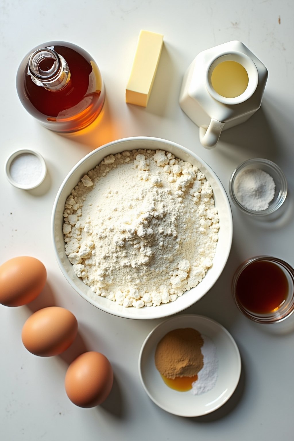 Flat lay of pancake ingredients on a bright kitchen counter, bowl of flour, buttermilk carton, eggs, butter, maple syrup bottle, sugar, baking powder, vanilla extract, overhead food photography, br...