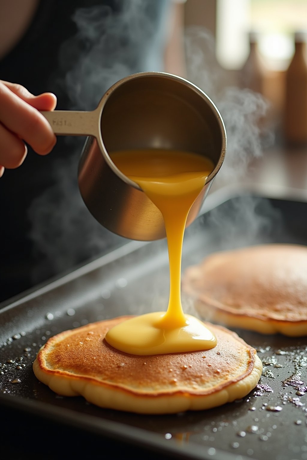 Action shot of pancake batter being poured from a measuring cup onto a hot buttered griddle, bubbles forming on the surface of cooking pancakes, golden brown flipped pancakes nearby, steam rising, ...
