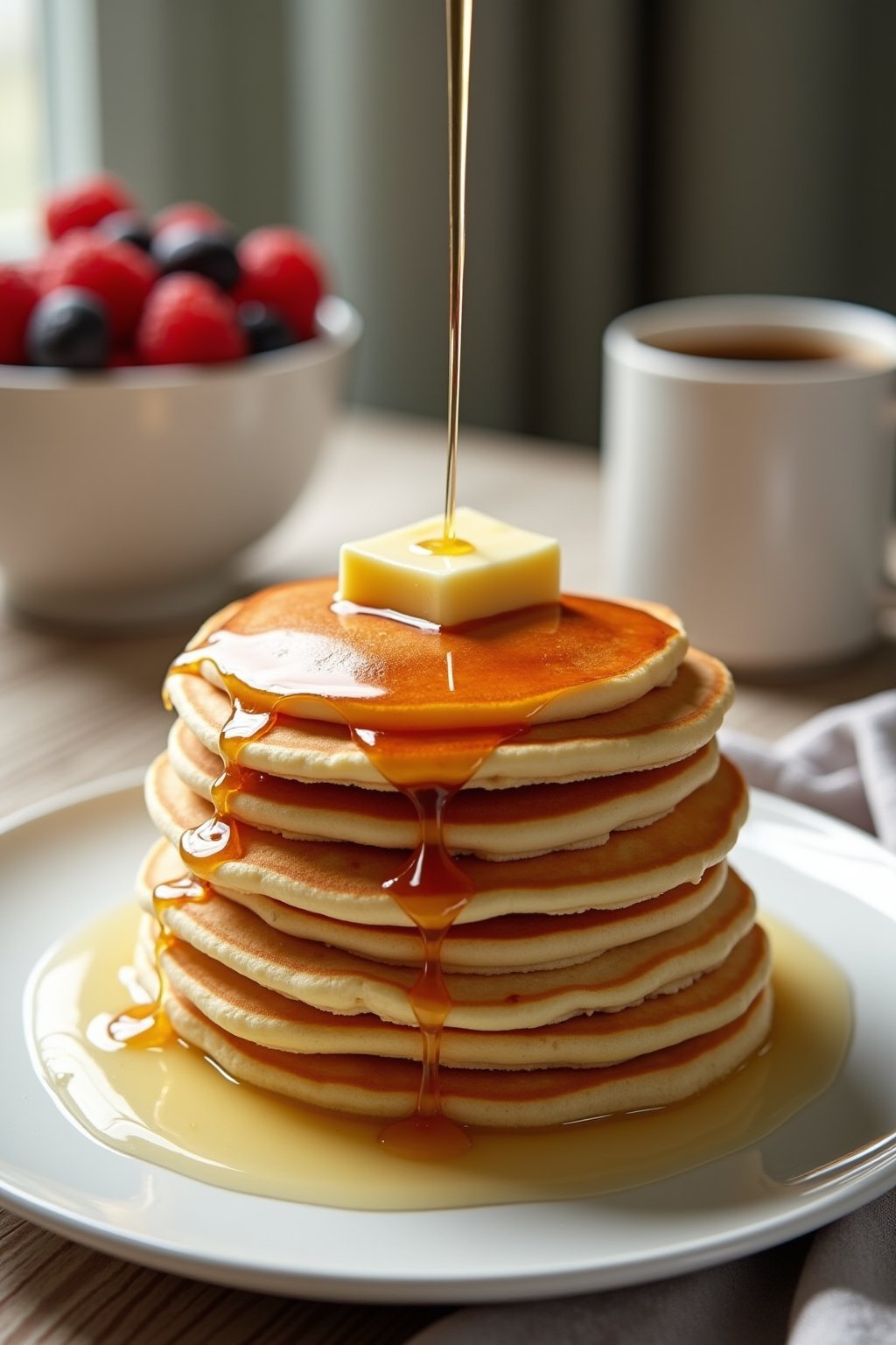Tall stack of fluffy golden homemade pancakes on a white plate with a pat of butter melting on top and maple syrup cascading down the sides, light and airy texture visible, breakfast table setting ...