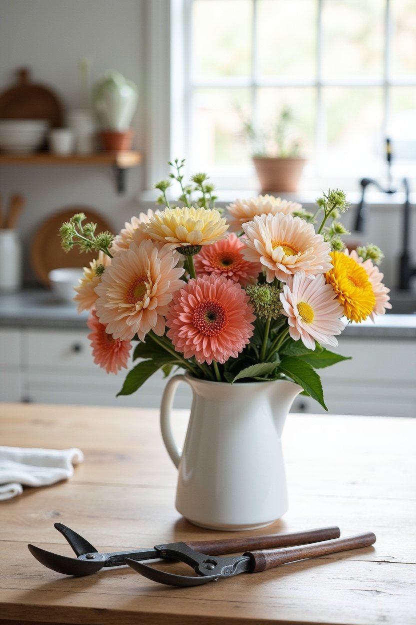 Beautiful fresh flower arrangement on bright kitchen table, mixed dahlias zinnias and snapdragons in a white pitcher vase, garden pruning shears beside, farmhouse kitchen