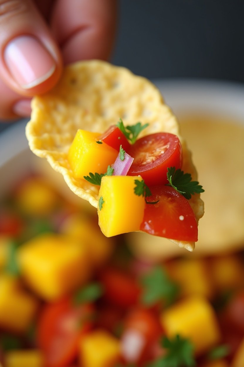 Close-up of mango salsa on a tortilla chip being held up, colorful diced ingredients visible, fresh and appetizing