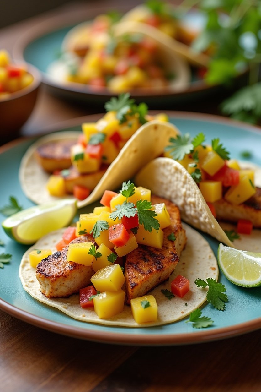 Mango salsa served alongside grilled fish tacos on a platter, lime wedges, cilantro sprigs, colorful Mexican-inspired table setting, summer food photography