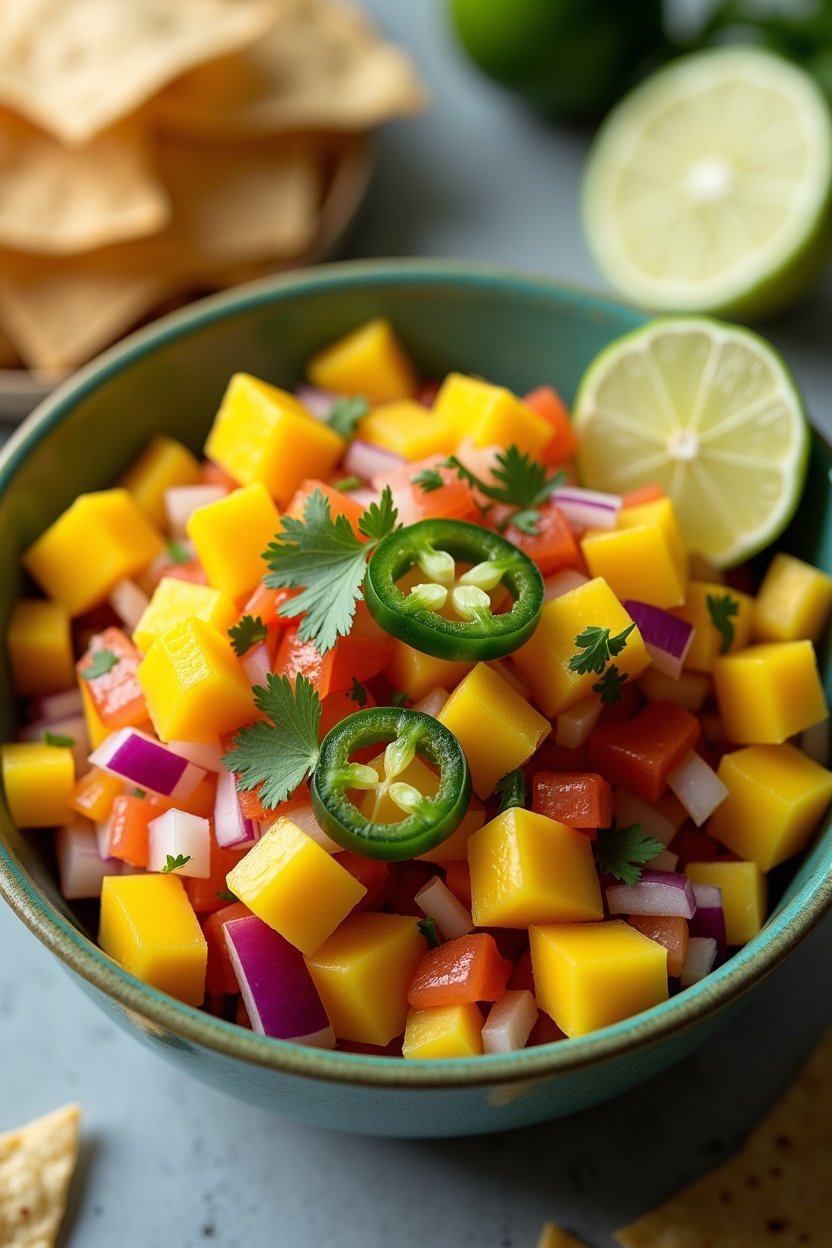 Vibrant fresh mango salsa in a colorful bowl, diced mango with red onion, cilantro, jalapeño, and red bell pepper, lime wedges alongside, tortilla chips, bright summer food photography