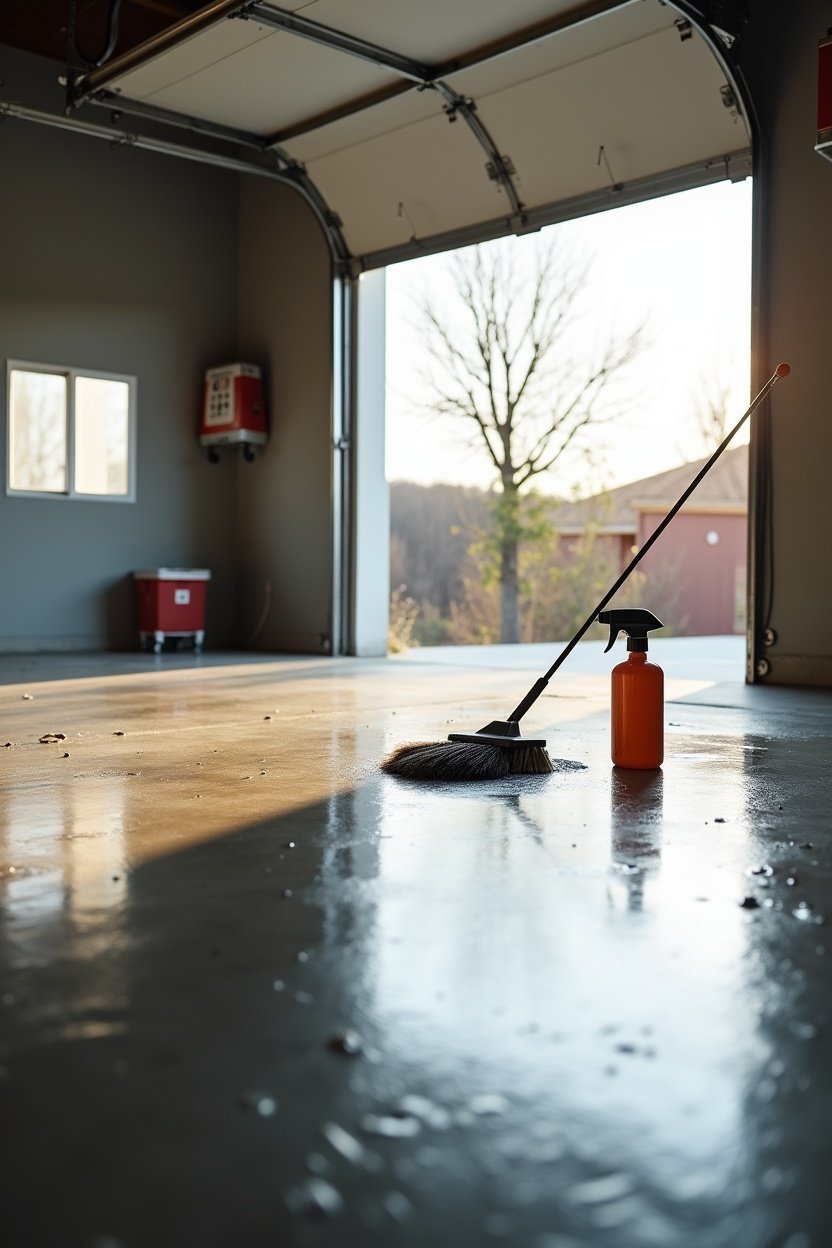 Empty garage being deep cleaned, wet concrete floor with scrub brush and degreaser spray bottle, bright daylight from open garage door, spring cleaning atmosphere