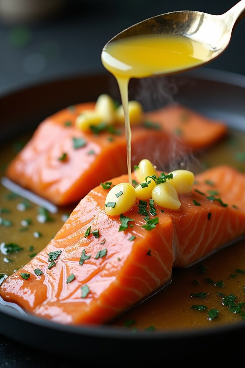Close-up of garlic butter being spooned over salmon fillet in a pan, golden garlic pieces in melted butter, steam rising, cooking action shot