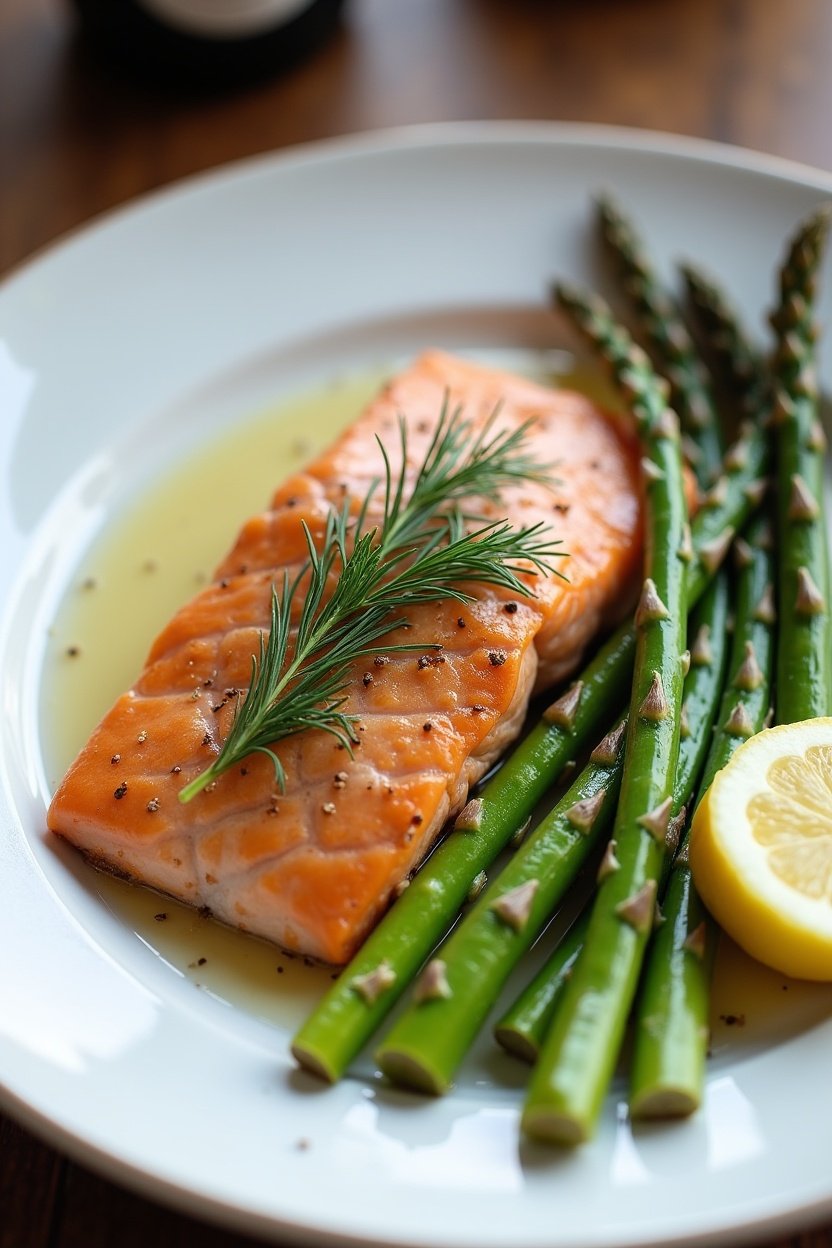 Plated garlic butter salmon with roasted asparagus and lemon wedge on a white plate, fresh dill garnish, elegant dinner setting