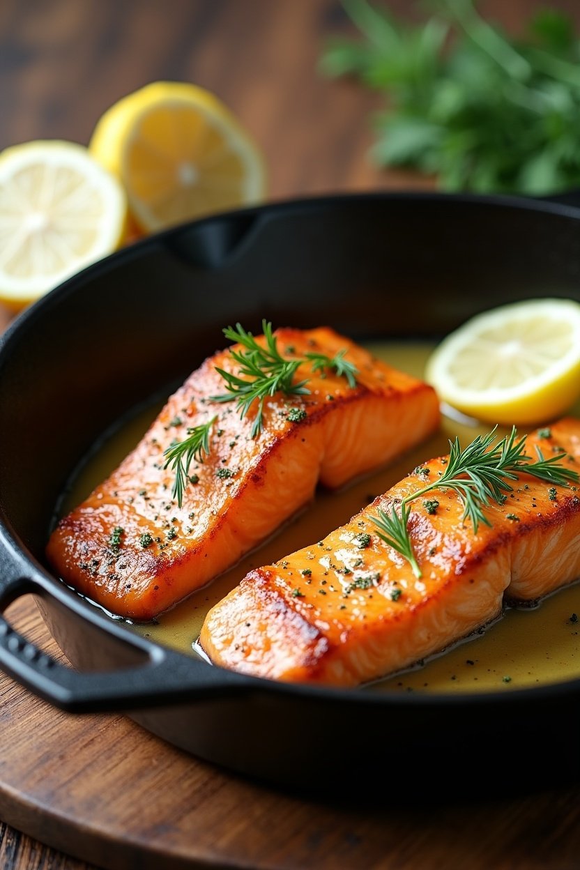 Pan-seared garlic butter salmon fillets in a cast iron skillet, golden crust on top, melted garlic butter sauce, fresh dill and lemon slices, rustic kitchen setting