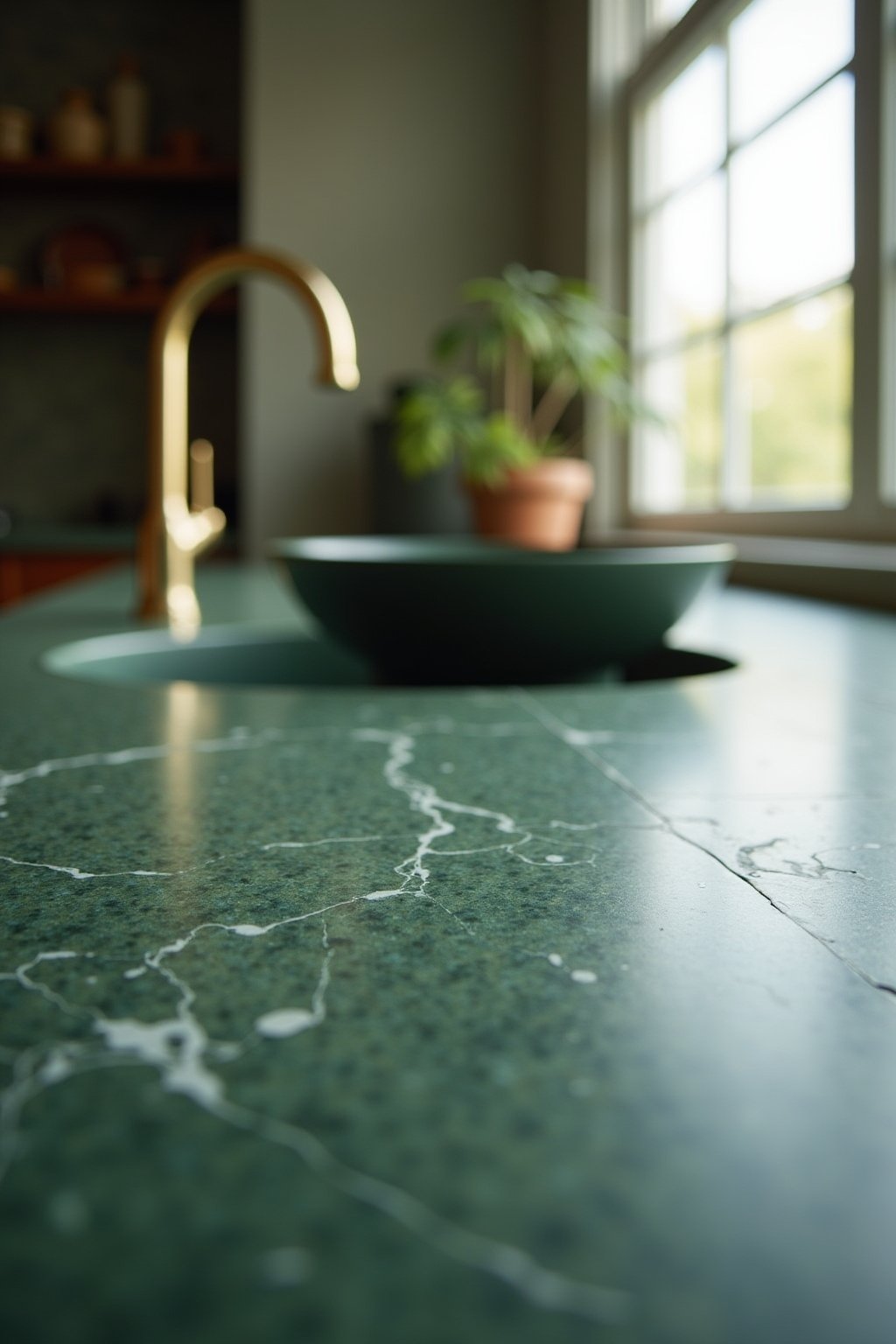 Close-up of green stone countertop surface showing beautiful natural veining pattern, brass faucet visible in background, small ceramic bowl on the stone surface, natural light highlighting the gre...