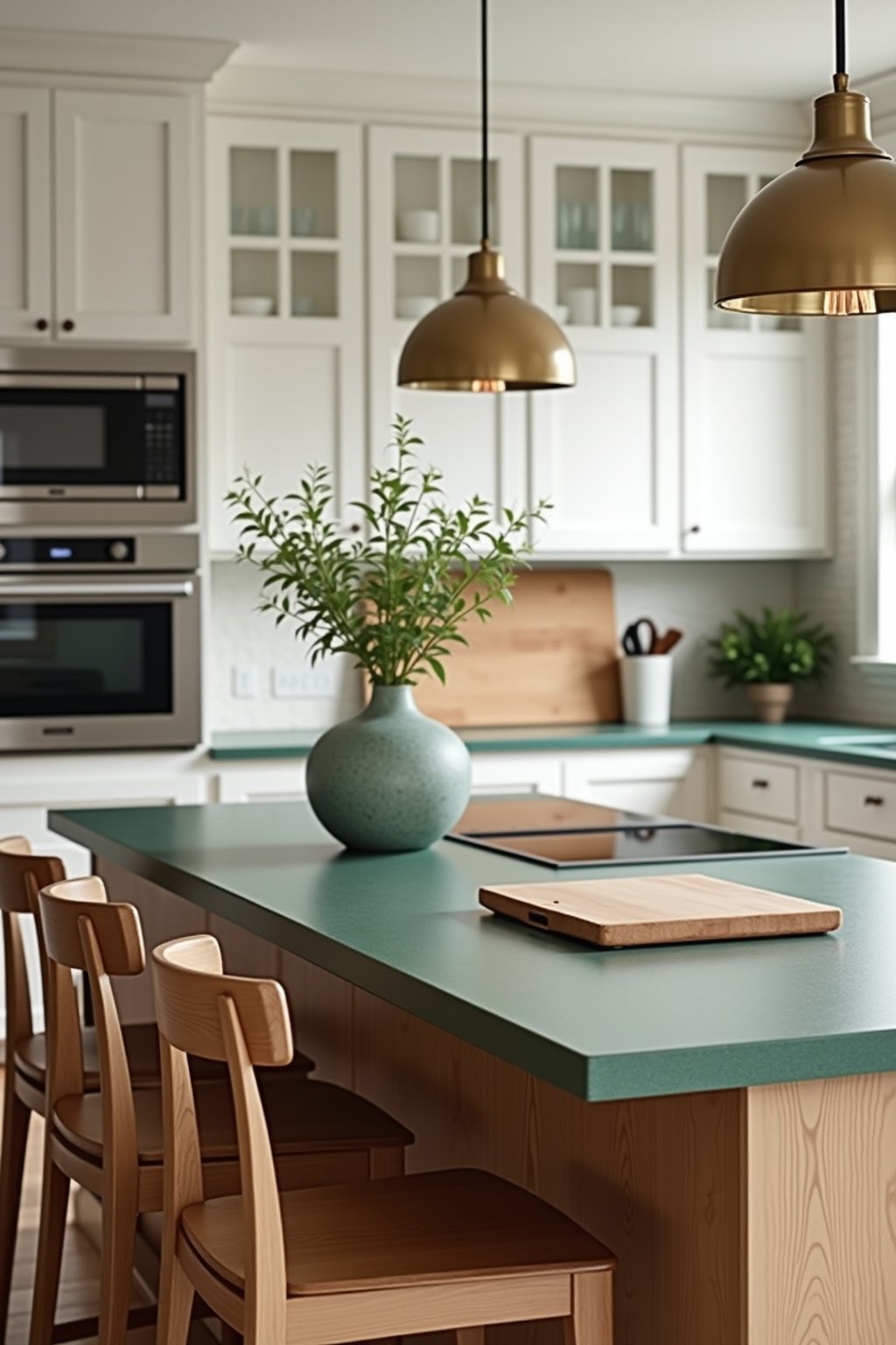 Kitchen island with green soapstone countertop in foreground, warm wood bar stools, white cabinets in background, brass pendant lights above, styled simply with one plant and a wooden cutting board