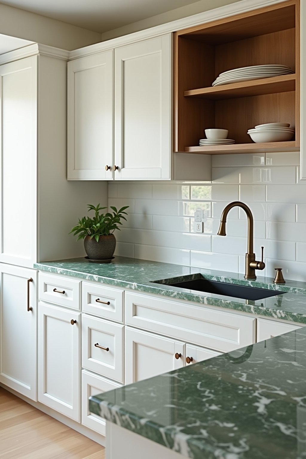 A stunning kitchen with verde green marble countertops showing dramatic white and green veining, white shaker cabinets, brass hardware, simple white backsplash, warm wood open shelf with white cera...