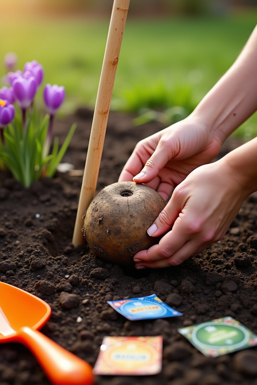 Close-up of hands planting a dahlia tuber in dark rich garden soil, the tuber is firm and plump with a visible eye pointing up, a wooden garden stake placed next to the planting hole, colorful dahl...