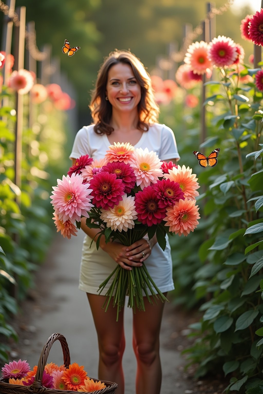 A woman's hands holding a freshly harvested bouquet of colorful dahlias in pink, coral, deep red, and white, standing in a sunlit garden path with tall dahlia plants blooming behind her, green foli...