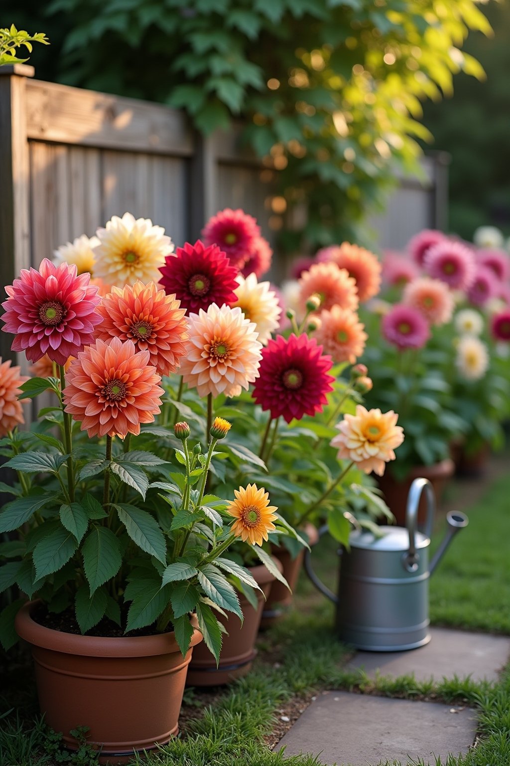 A stunning dahlia garden in full summer bloom with dinner plate dahlias in coral, deep burgundy, bright pink, peach, and white, lush green foliage, a rustic wooden garden fence in the background, a...