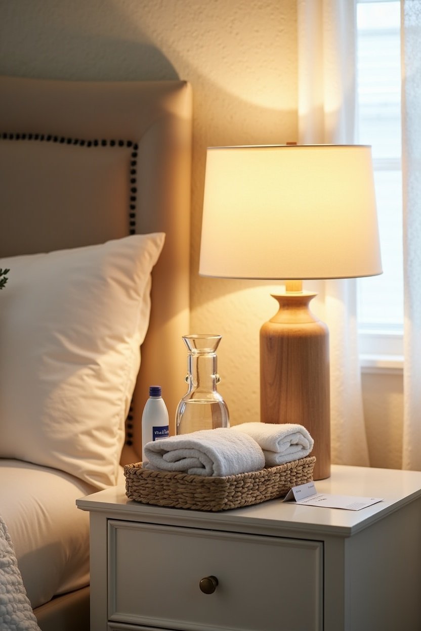 Close-up of guest bedroom nightstand styled with warm table lamp, glass water carafe, small basket with toiletries, fresh white towels folded neatly, WiFi password card, warm ambient light