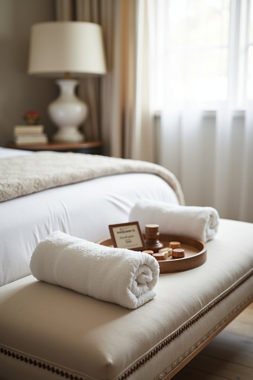 Guest room detail showing rolled Turkish cotton towels on upholstered bench at foot of bed, small tray with chocolates and welcome note, soft, warm neutral tones, welcoming and hotel-like