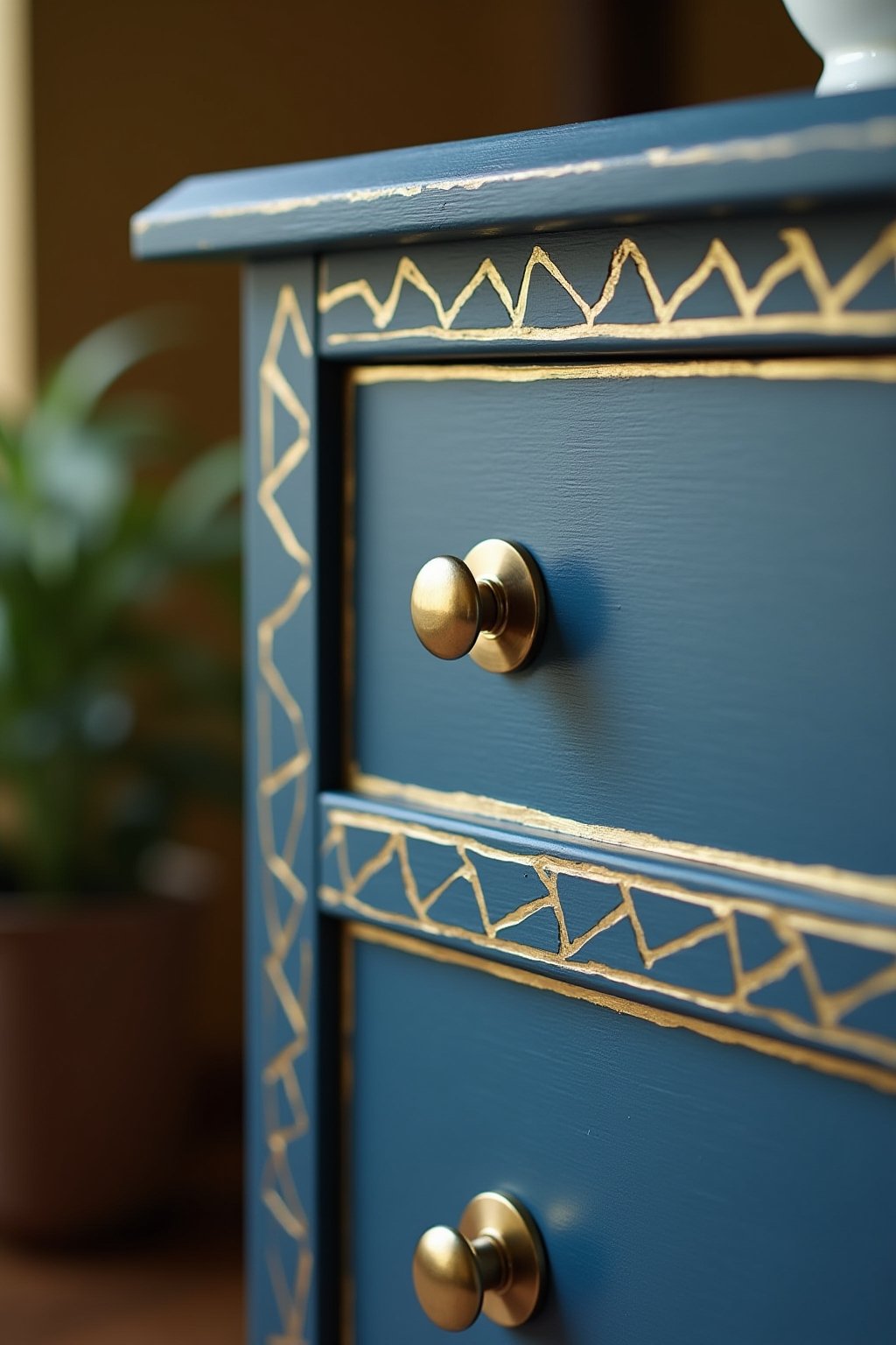 Close-up of hand-painted furniture detail showing brushwork and pattern, geometric gold lines on deep blue painted surface, brass knob hardware visible, paint texture and craftsmanship visible, sha...