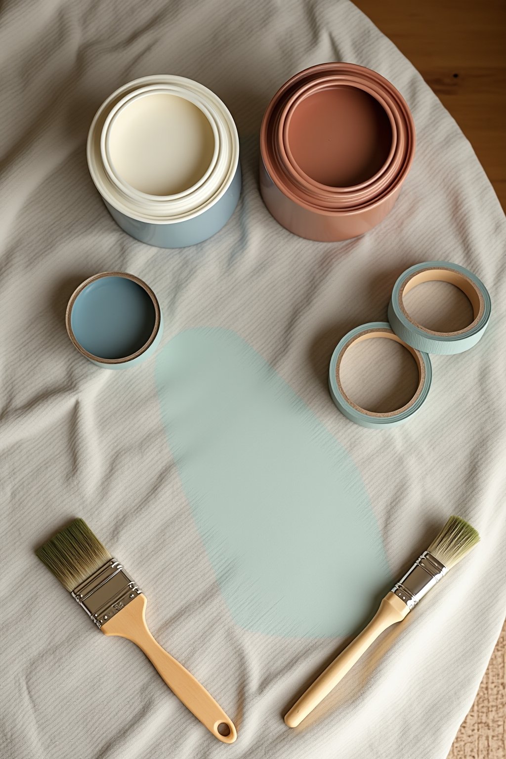 Flat lay overhead view of furniture painting supplies arranged on a drop cloth, open cans of chalk paint in multiple colors, artist brushes, stencil, painter's tape, sandpaper, brass knobs waiting ...