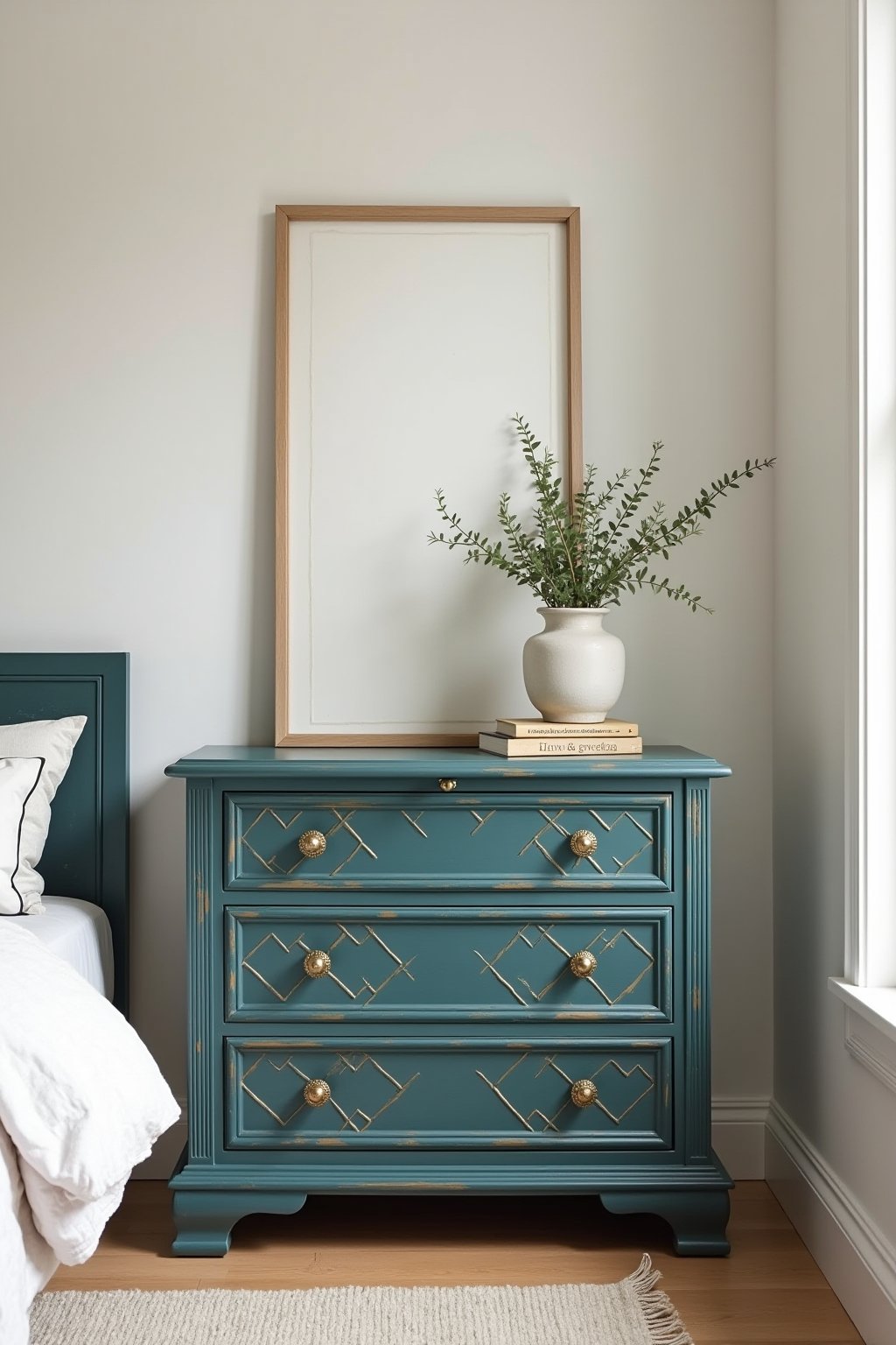 A beautifully hand-painted vintage dresser in deep teal blue with gold geometric diamond pattern on drawer fronts, brass knob hardware, styled with a small plant and ceramic vase on top, in a brigh...