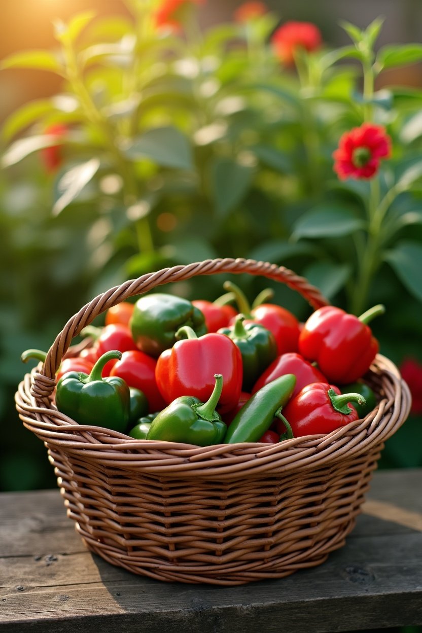 Wicker harvest basket overflowing with freshly picked peppers: red and green bell peppers, jalapenos, cayenne peppers, sitting on garden bench with pepper plants in background, warm golden light
