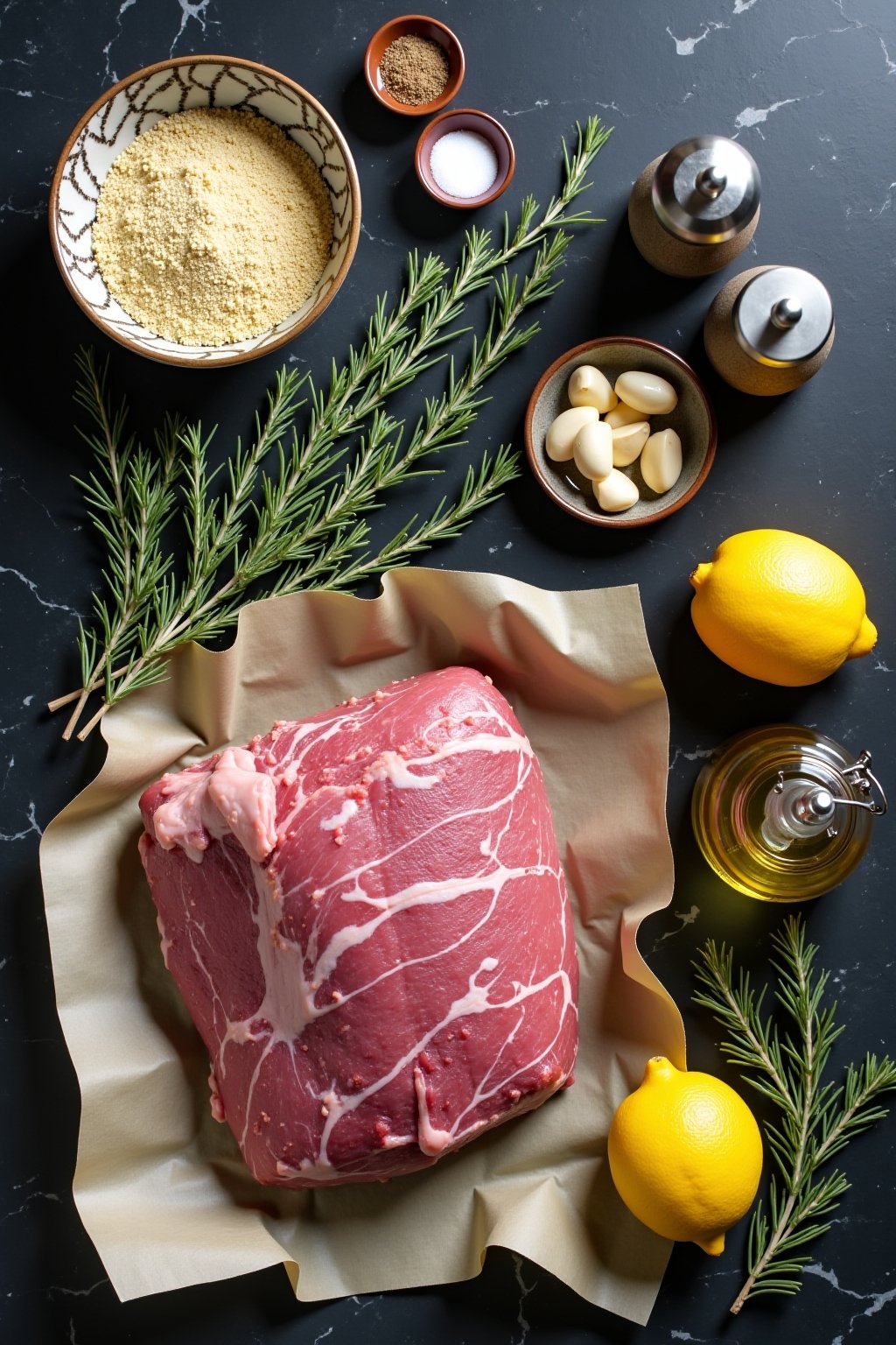 Flat lay mise en place of herb crusted lamb ingredients on a dark marble countertop, raw rack of lamb on butcher paper, bowl of panko breadcrumbs, fresh rosemary and thyme bundles, garlic cloves, j...