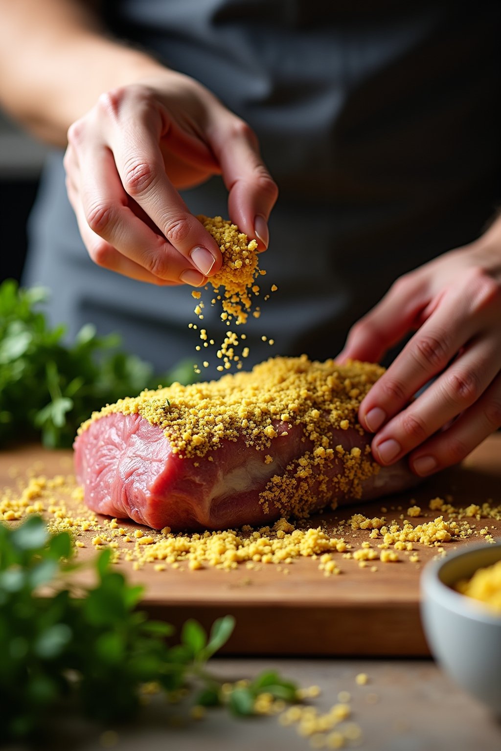 Action shot of hands pressing golden herb breadcrumb mixture firmly onto a mustard-coated rack of lamb on a cutting board, fresh herbs and breadcrumb bowl nearby, kitchen preparation scene, warm li...