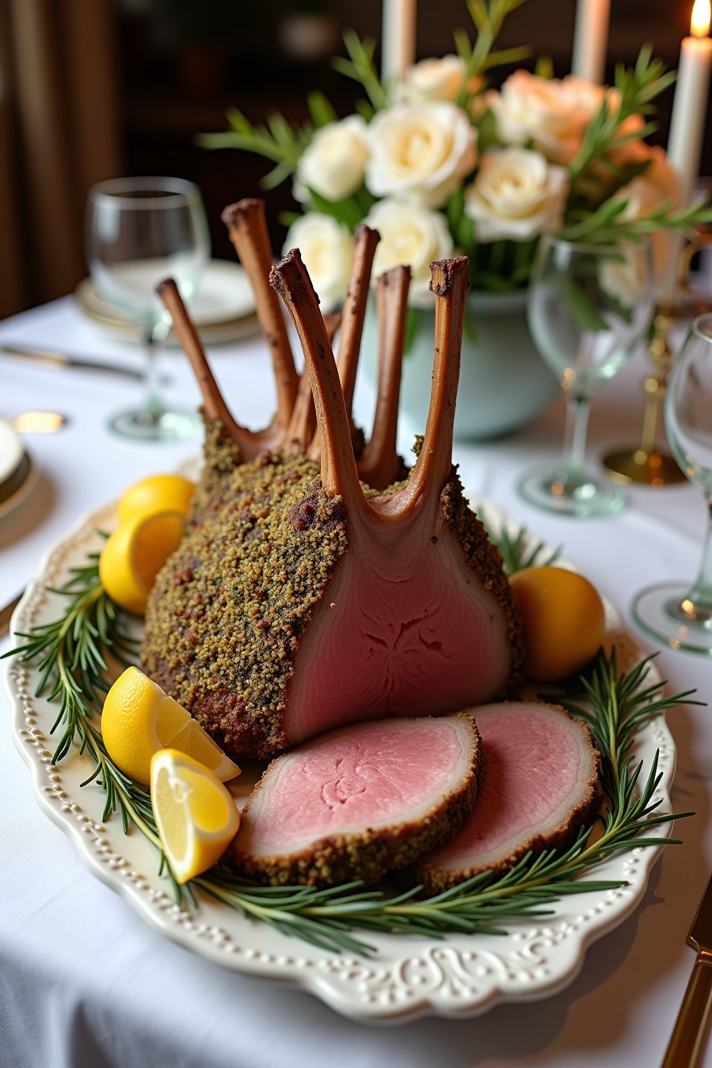 Stunning herb crusted rack of lamb on an elegant white serving platter for Easter dinner, golden panko herb crust covering the top, perfectly pink medium-rare meat visible where sliced between the ...
