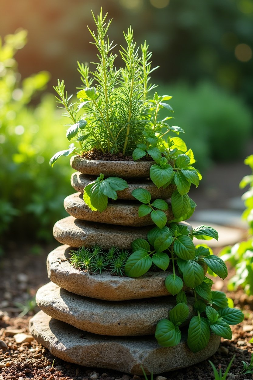 Beautiful completed herb spiral made of stacked natural stones in sunny backyard, filled with thriving herbs: rosemary at top, thyme cascading, basil and parsley lower down, lush green garden background