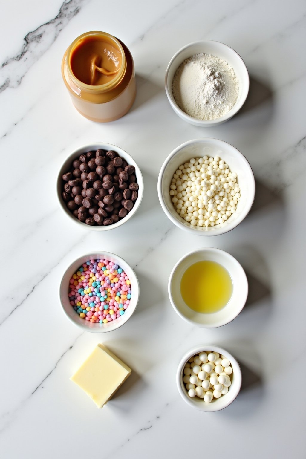 Flat lay mise en place of chocolate peanut butter candy ingredients on a marble countertop, jar of peanut butter, bowl of powdered sugar, chocolate chips in a bowl, small bowl of pastel sprinkles, ...