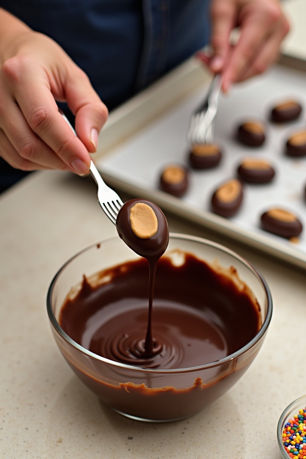 Action shot of hands dipping a frozen peanut butter oval into a bowl of melted smooth dark chocolate using two forks, chocolate dripping beautifully, parchment-lined tray with finished chocolate co...