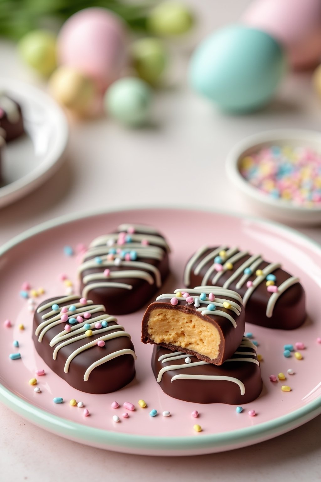 Beautiful plate of homemade chocolate peanut butter Easter confections shaped like ovals, coated in smooth dark chocolate with white chocolate drizzle and pastel sprinkles on top, arranged on a pas...