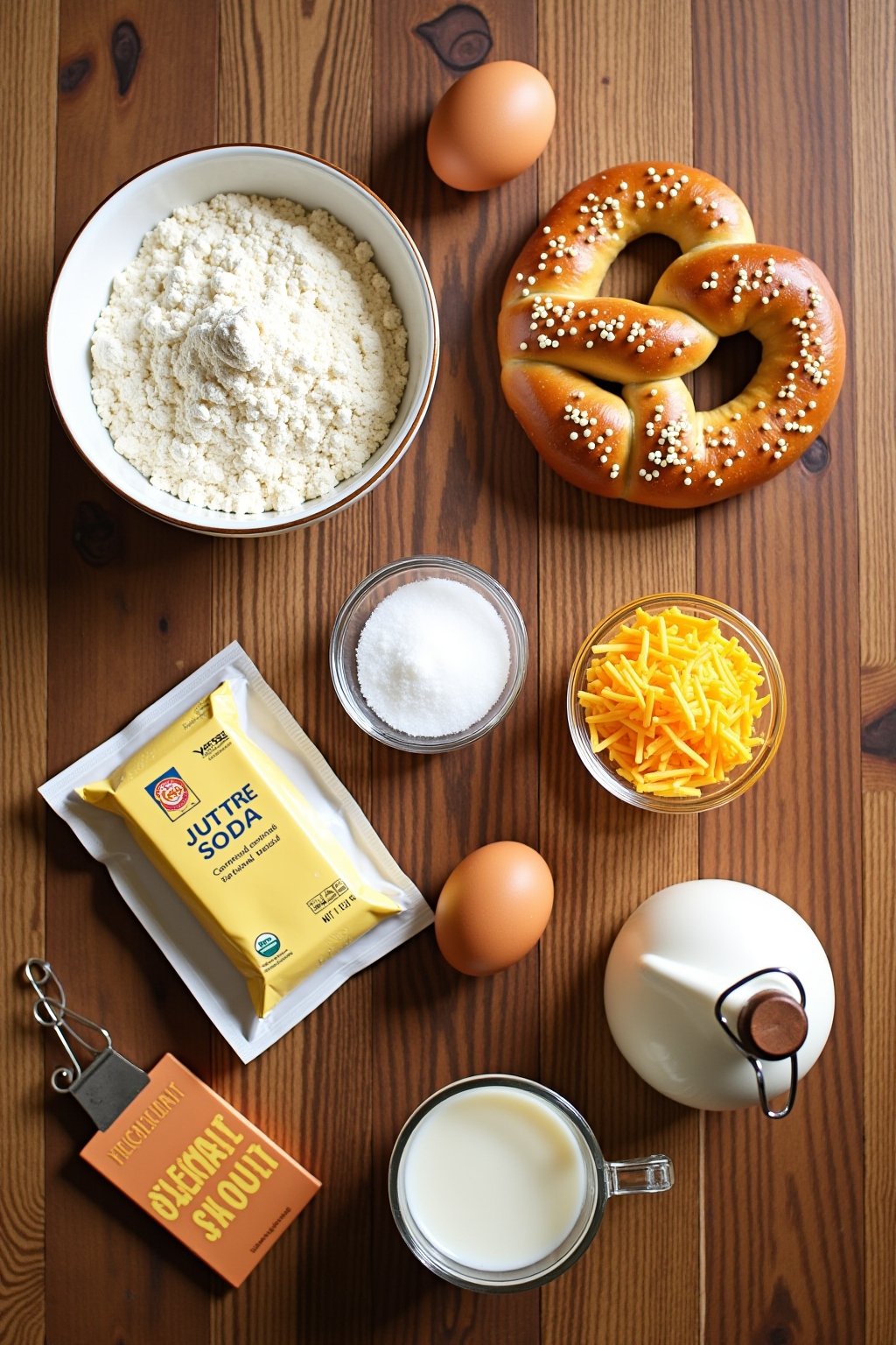 Flat lay of soft pretzel ingredients on a wooden surface, bowl of flour, yeast packet, baking soda, coarse salt, eggs, butter, shredded cheddar cheese, milk, overhead food photography, warm natural...