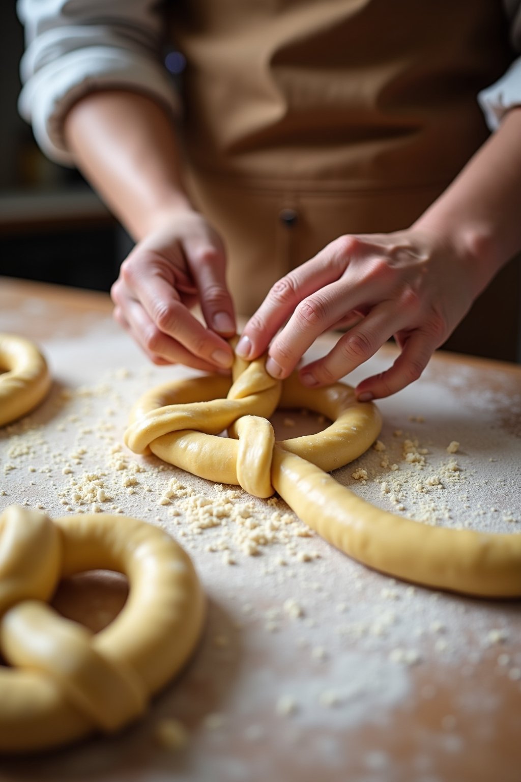 Action shot of shaping a pretzel from a long rope of dough on a floured surface, hands twisting the dough into the classic pretzel shape, flour dusted counter with other shaped pretzels nearby, kit...