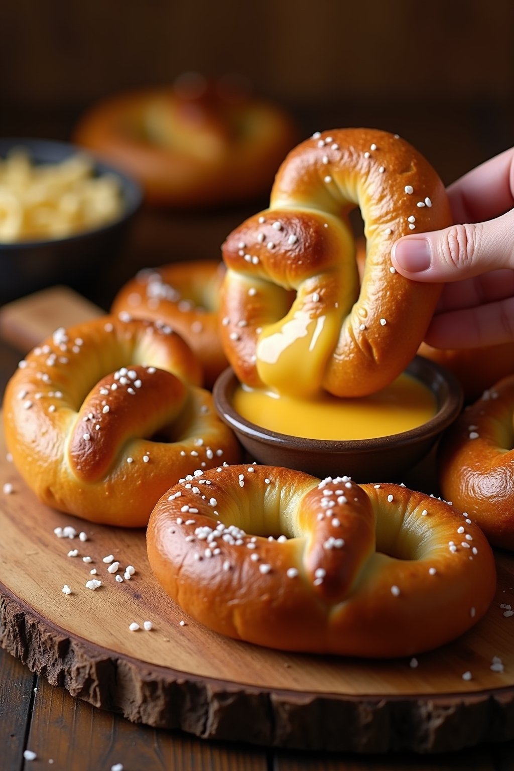 Golden brown homemade soft pretzels on a wooden board with coarse salt crystals on top, one pretzel being dipped into a small bowl of warm cheese sauce, classic pretzel shape with shiny baked exter...