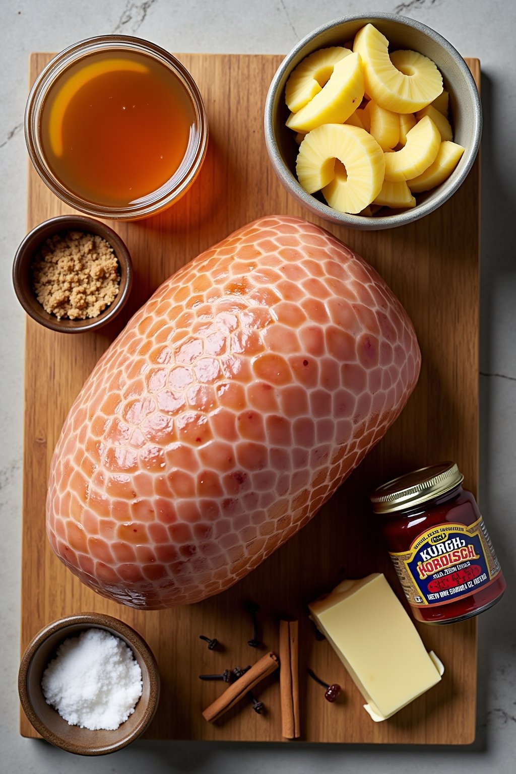 Flat lay mise en place of honey glazed ham ingredients on a wooden cutting board, jar of honey, brown sugar in a bowl, can of pineapple rings, jar of maraschino cherries, Dijon mustard, stick of bu...