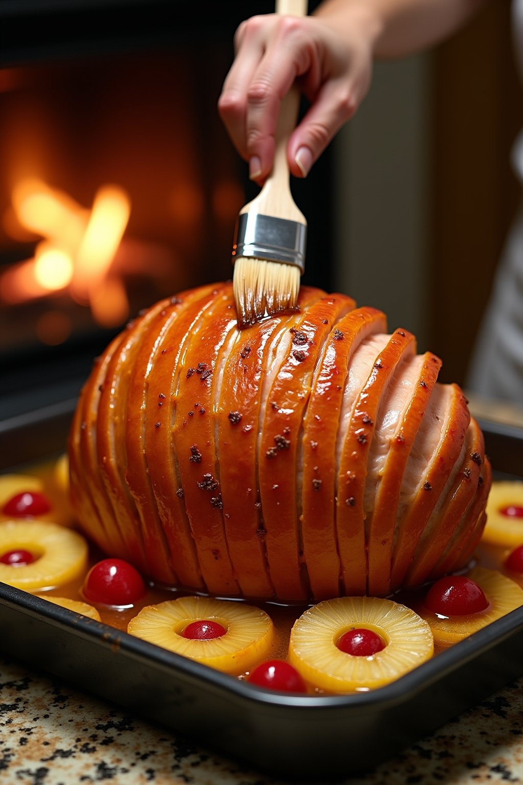 Action shot of honey glaze being brushed onto a large golden spiral-cut ham in a roasting pan using a pastry brush, glaze dripping and caramelizing, pineapple rings and cherries visible on the ham ...