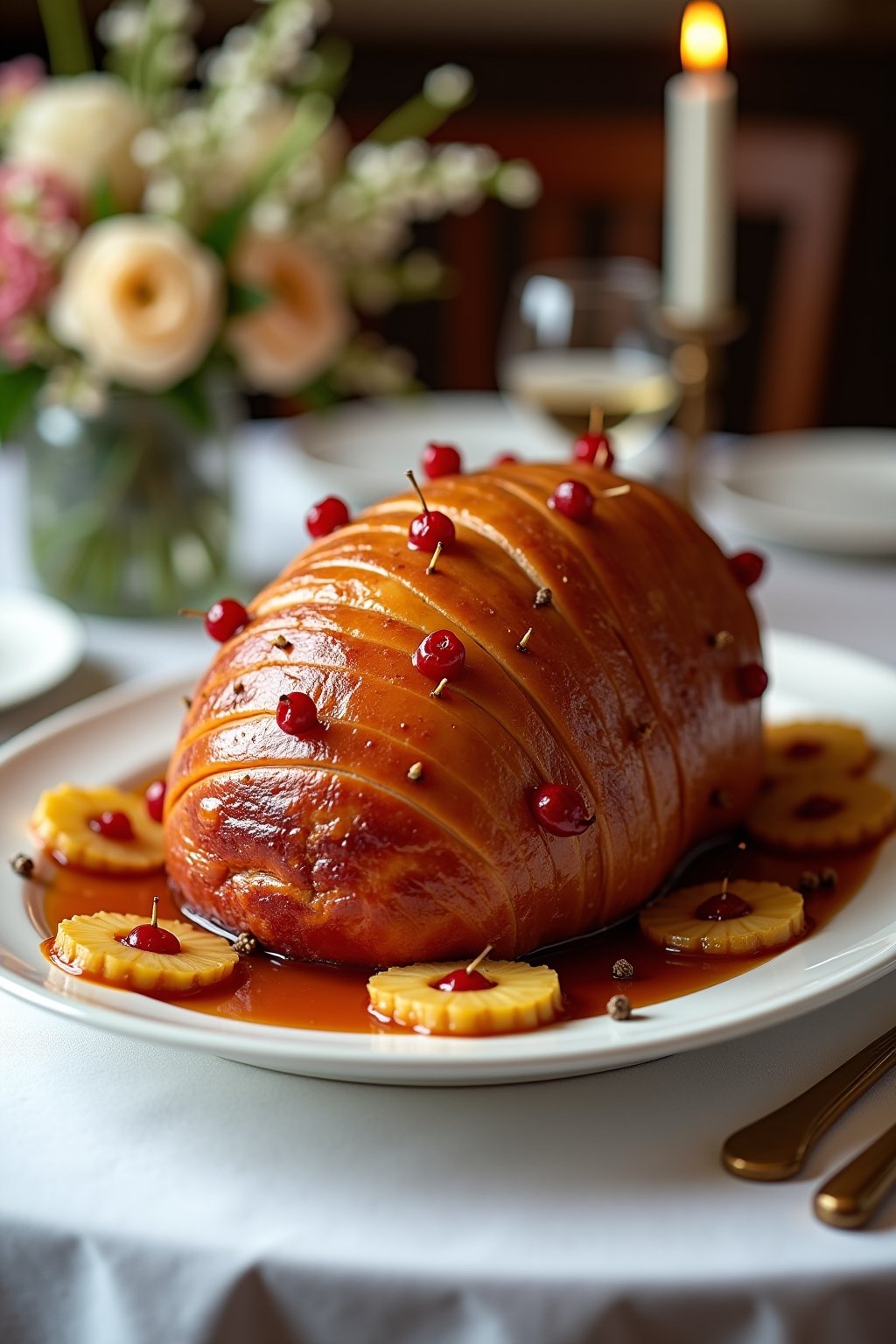 Stunning golden honey glazed Easter ham on a large white serving platter, spiral-cut with caramelized sticky brown glaze, pineapple rings and maraschino cherries pinned decoratively across the surf...