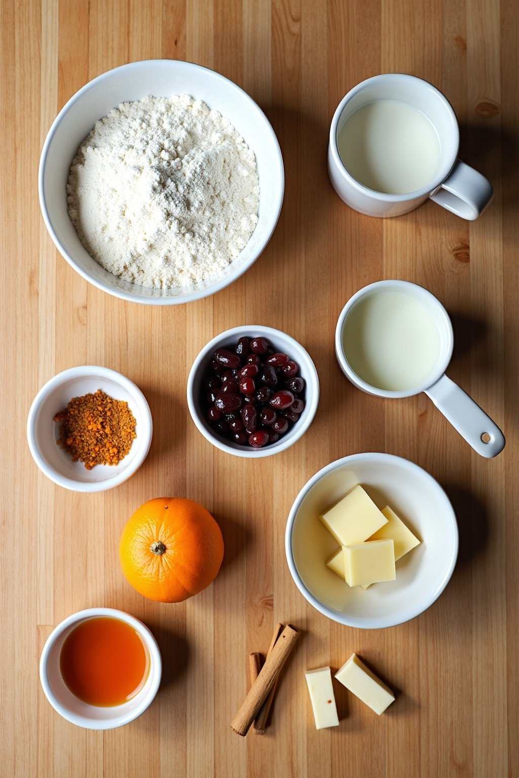 Flat lay mise en place of hot cross bun ingredients on a wooden countertop, bowl of flour, packet of yeast, warm milk in a measuring cup, cinnamon sticks and ground spices in small bowls, dried cur...