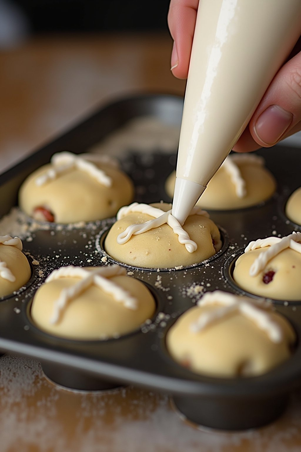 Action shot of piping white flour paste crosses onto risen round buns in a baking pan using a piping bag, neat white lines forming cross pattern, golden dough with visible currants, kitchen counter...