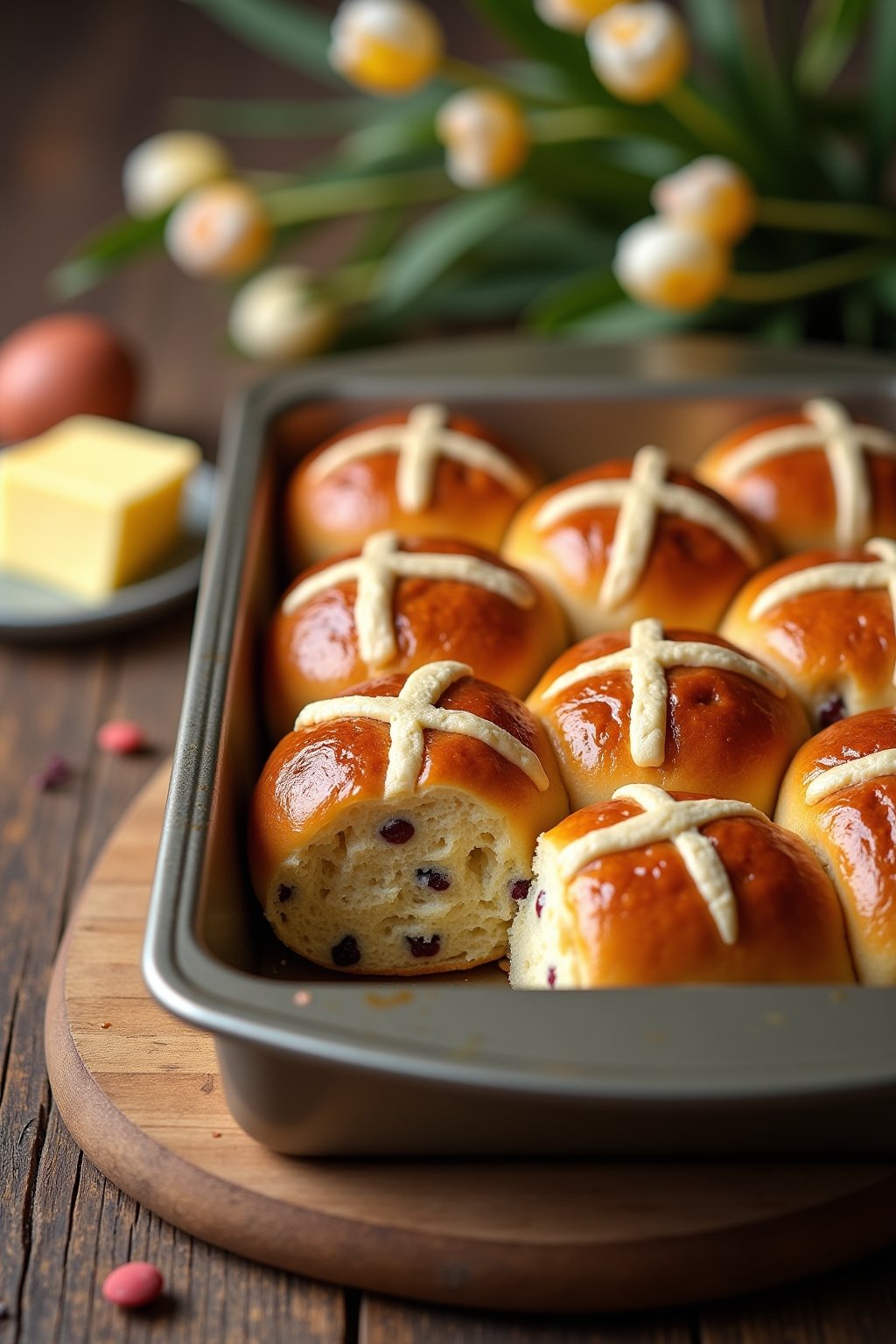 Tray of golden homemade hot cross buns in a baking pan fresh from the oven, soft pillowy texture with white flour crosses on top, glossy apricot glaze glistening, currants visible in the dough, one...