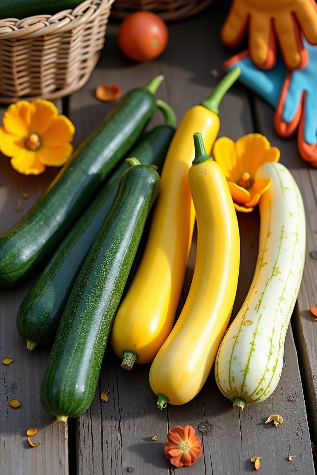 Close-up of freshly harvested summer squash variety display on a weathered wooden garden table, green zucchini, golden yellow crookneck, white and green pattypan scallop squash, a few bright orange...