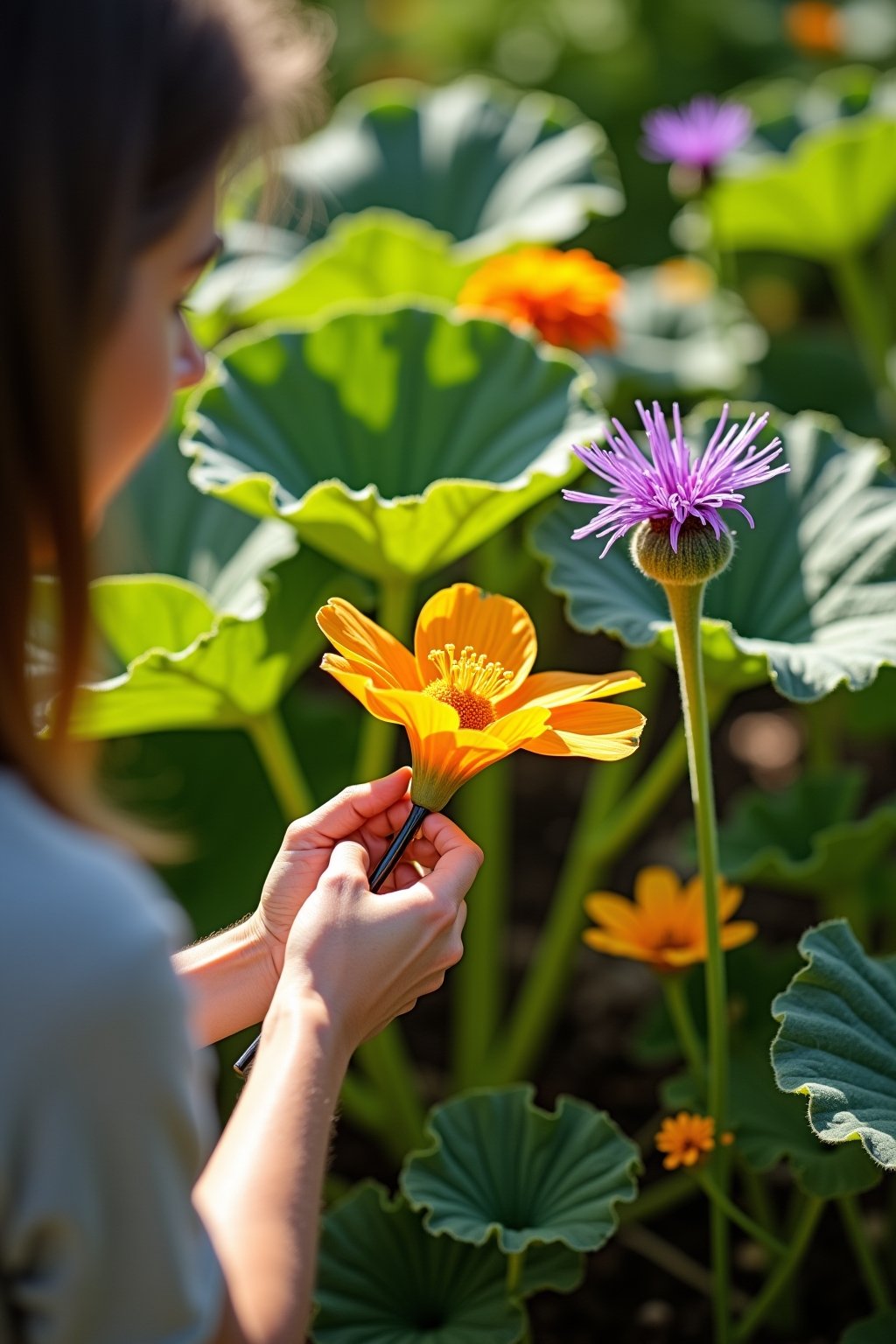 A gardener hand-pollinating a bright orange zucchini blossom with a small paintbrush in a sunny raised bed garden, large green squash leaves visible, a few ripe zucchini on the vine, companion flow...